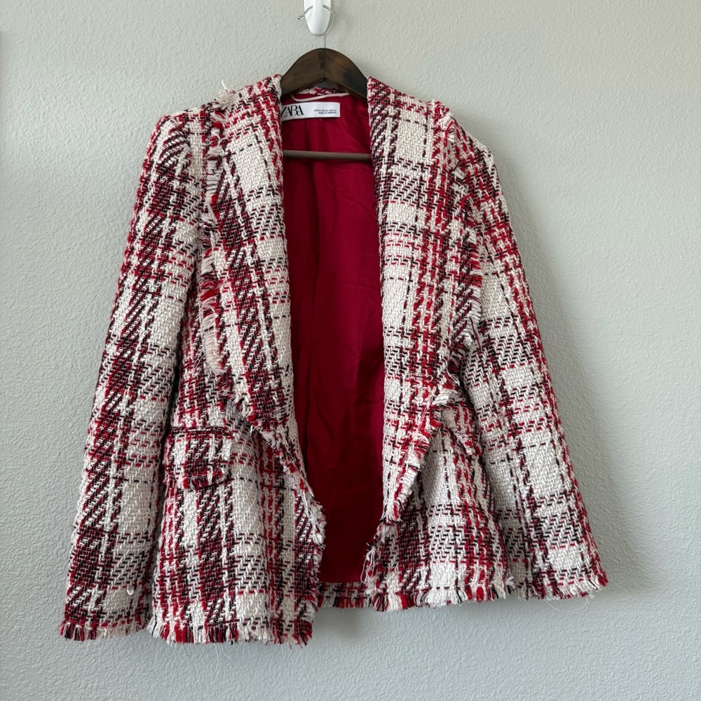 RARE Zara Red White Tweed Blazer Rhinestone Jewled abutting Double breasted XS - Picture 7 of 17